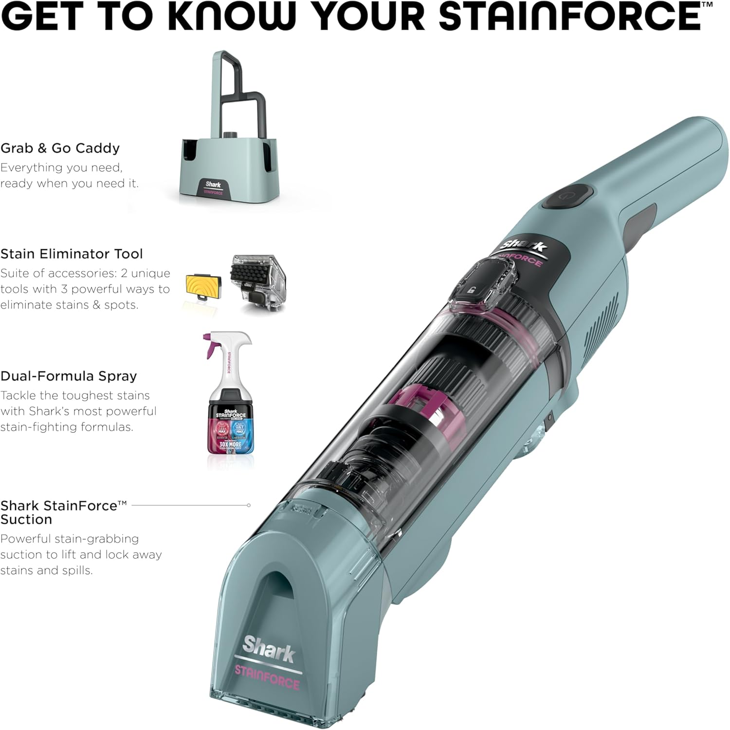 Shark StainForce Cordless Spot Cleaner, Dual-Activated Easy Spray Formula, OXY-Powered Stain Cleaning, Indoor + Outdoor, Carpets, Upholstery, Car Seats & Stairs, Pet Urine & Odor Remover, HX101