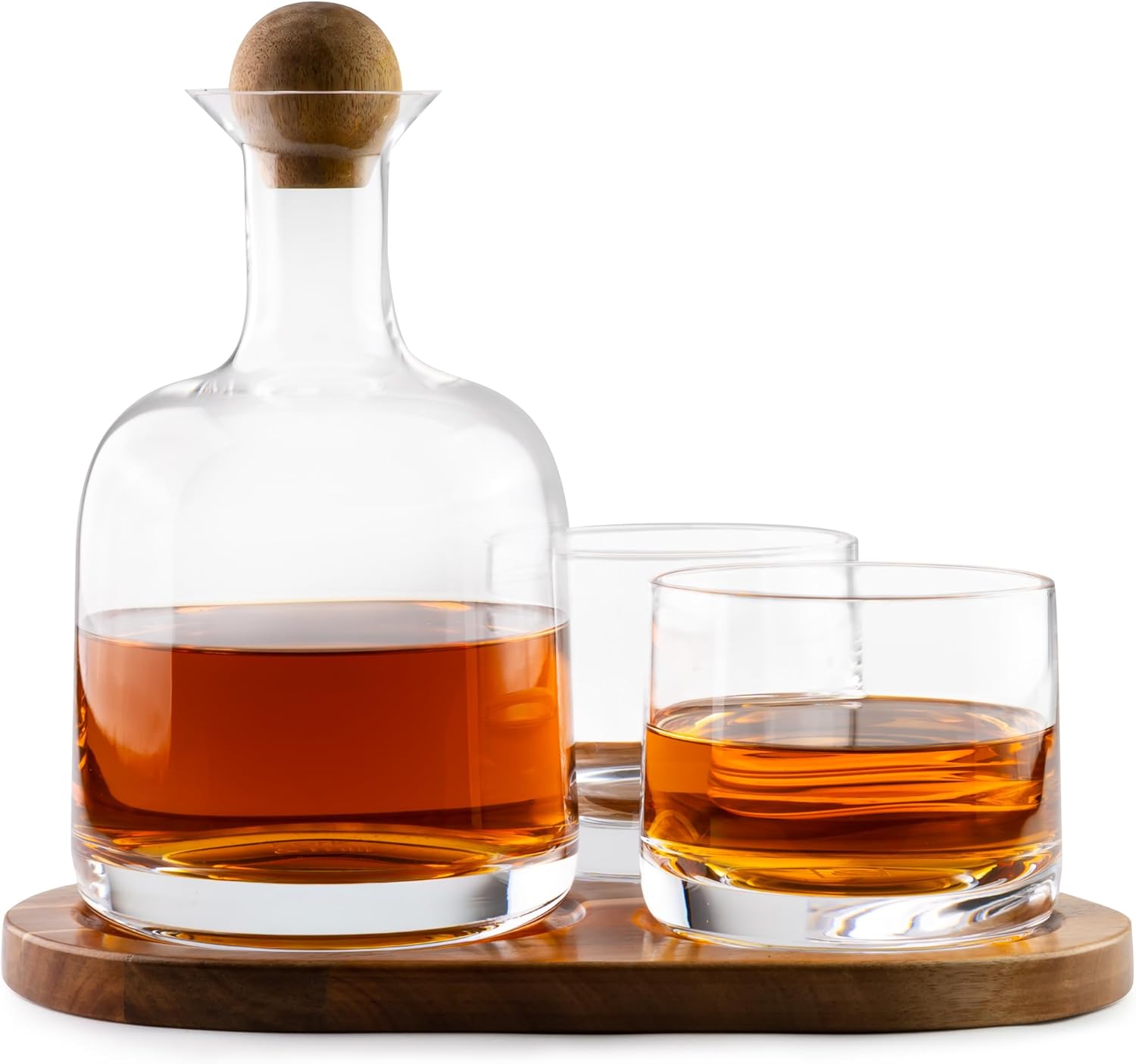 Cork & Mill Whiskey Decanter Set, Hand-Blown Lead-Free Crystal 800ml Liquor Decanter for Bourbon and More, Two 8oz Old Fashioned Glasses, Acacia Wood Stopper & Display Tray, Ideal Whisky Gift Set