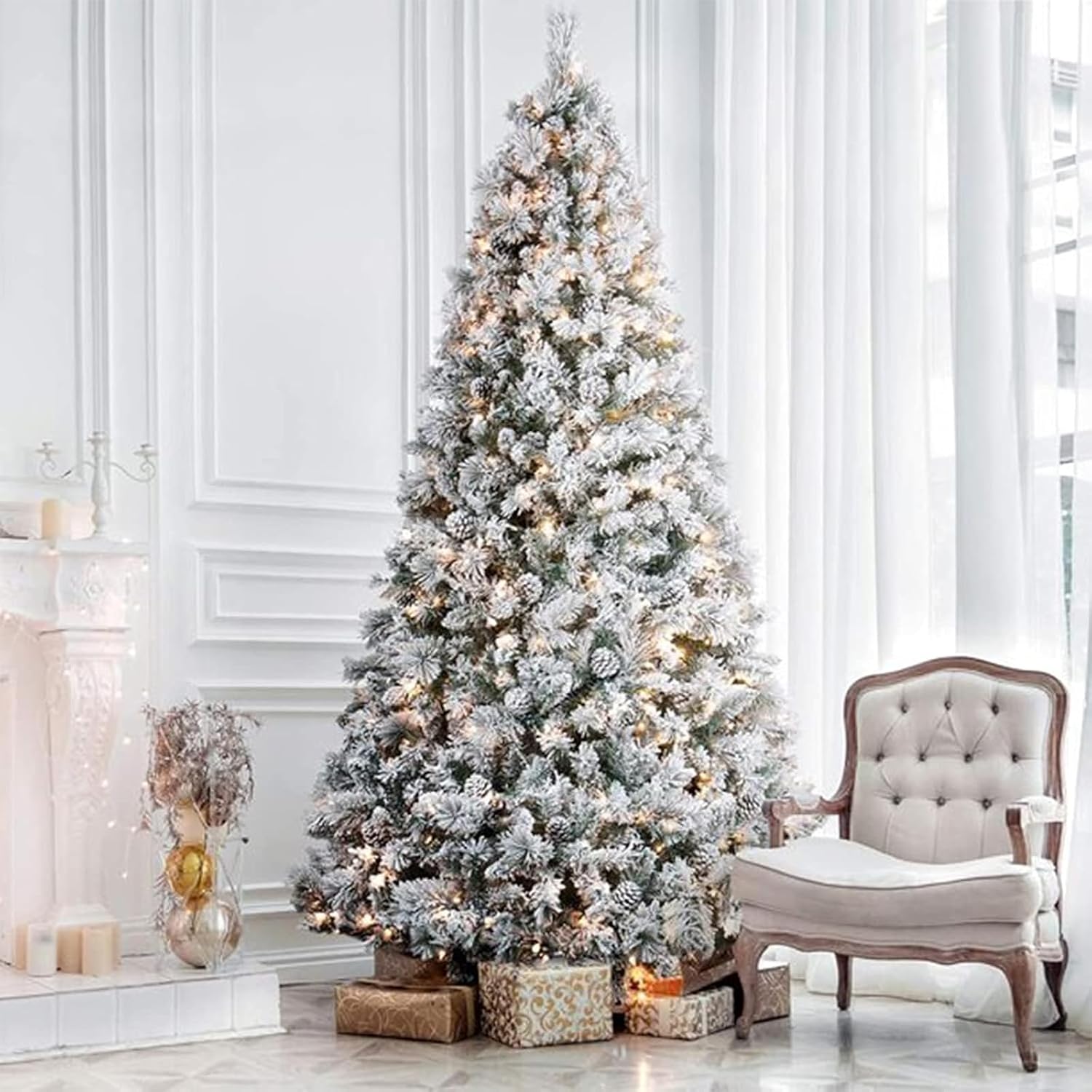 6ft Prelit Flocked Christmas Tree, Artificial Holiday Christmas Tree with 250 Warm White Lights, 1032 Branch Tips, Hinged Design & Metal Base, Easy Assembly for Indoor Decorating