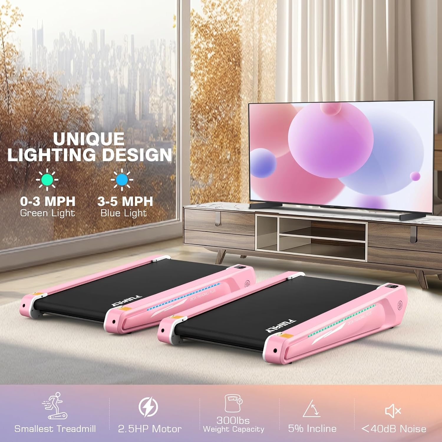 FUNMILY Smallest Walking Pad with 5% Incline, 2 in 1 Under Desk Treadmill for Home Office, 2.5 HP Mini Compact Walking Treadmill, Installation-Free/300lbs Weight Capacity/Unique Lighting Design