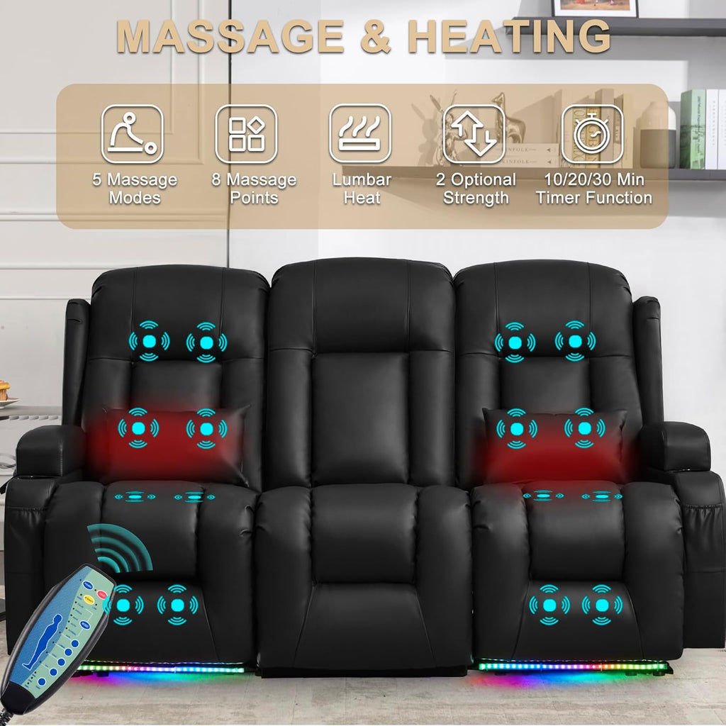 URRED Power Loveseat Recliner Sofa with Massage and Heat, Wall Hugger Reclining Loveseat with Console, RV Couch Home Theater Seating with LED Lights for Living Room (Black, 76.8" - 3 Seats)