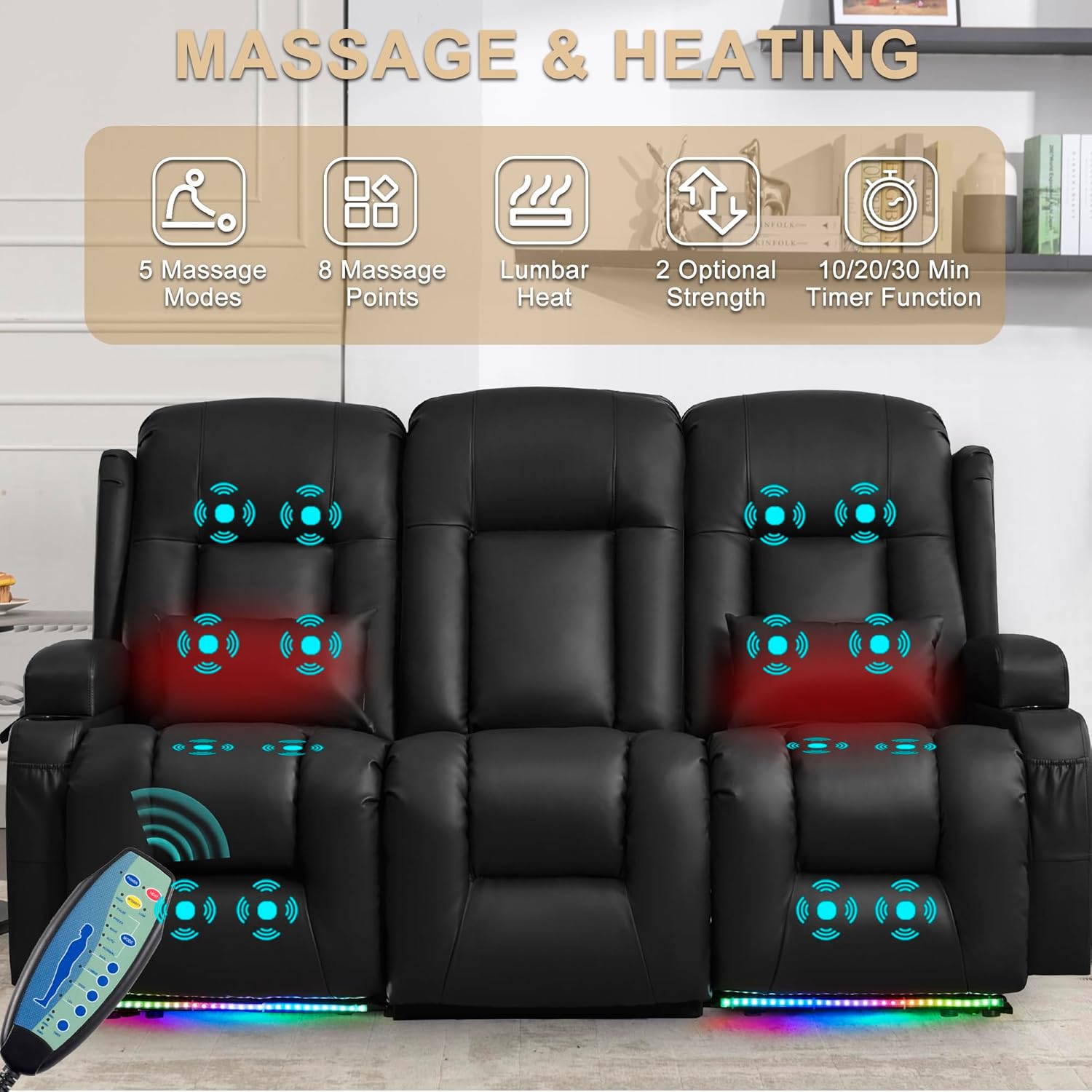 URRED Power Loveseat Recliner Sofa with Massage and Heat, Wall Hugger Reclining Loveseat with Console, RV Couch Home Theater Seating with LED Lights for Living Room (Black, 76.8" - 3 Seats)