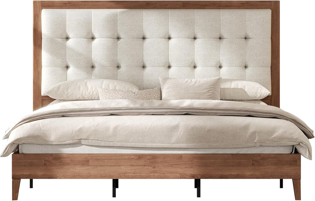 AMERLIFE King Size Bed Frame and Headboard, Solid Wooden Bed Frame King Size Platform Bed Frame Mid-Century Style, No Box Spring Required, Walnut