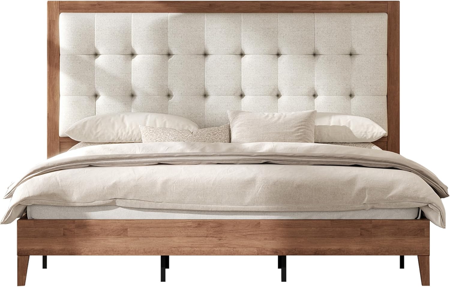 AMERLIFE King Size Bed Frame and Headboard, Solid Wooden Bed Frame King Size Platform Bed Frame Mid-Century Style, No Box Spring Required, Walnut