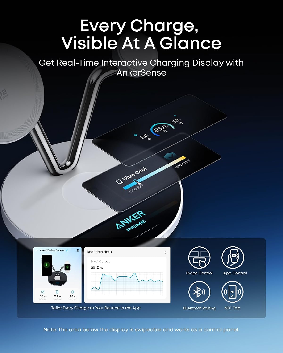 Anker Prime 3-in-1 Charging Station, Qi2.2-Certified 25W Wireless Charger Dock Stand, MagSafe Compatible, Smart Display with TEC Active Cooling, for iPhone 17, Apple Watch, AirPods, and More