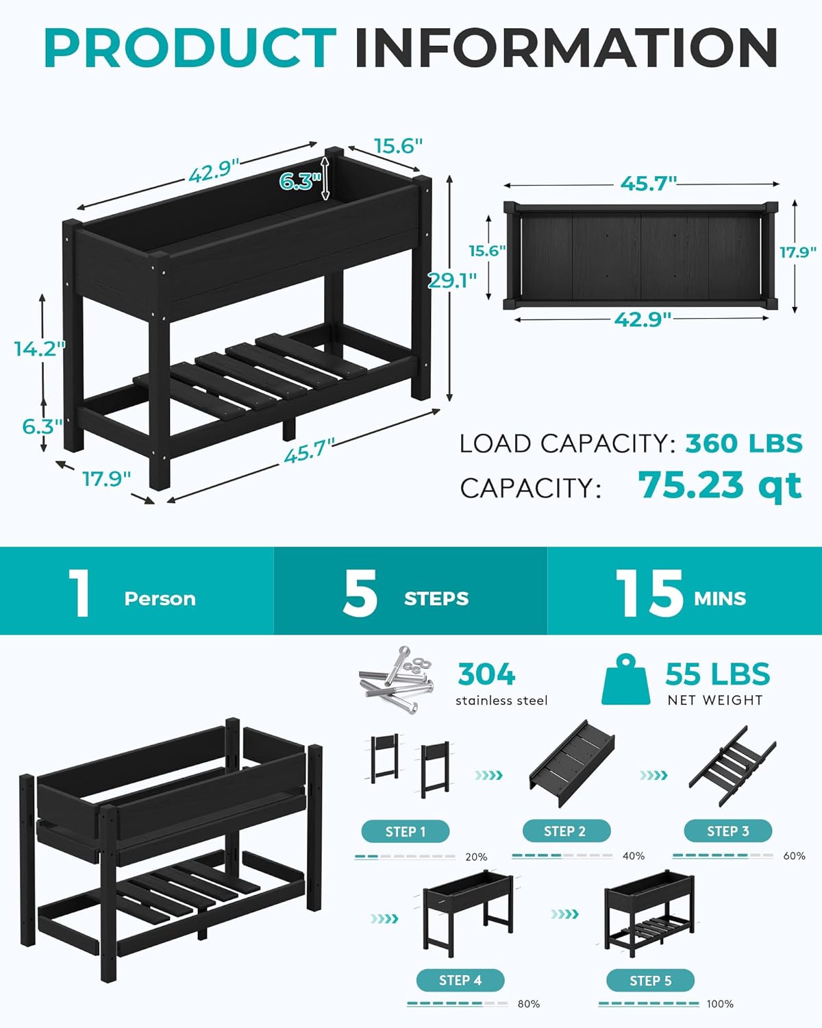 SERWALL Raised Garden Bed, Black, 43"×17"×30" | Large HDPE, Elevated Planter Box, For Vegetables Flower Herb, Patio, All Weather Use