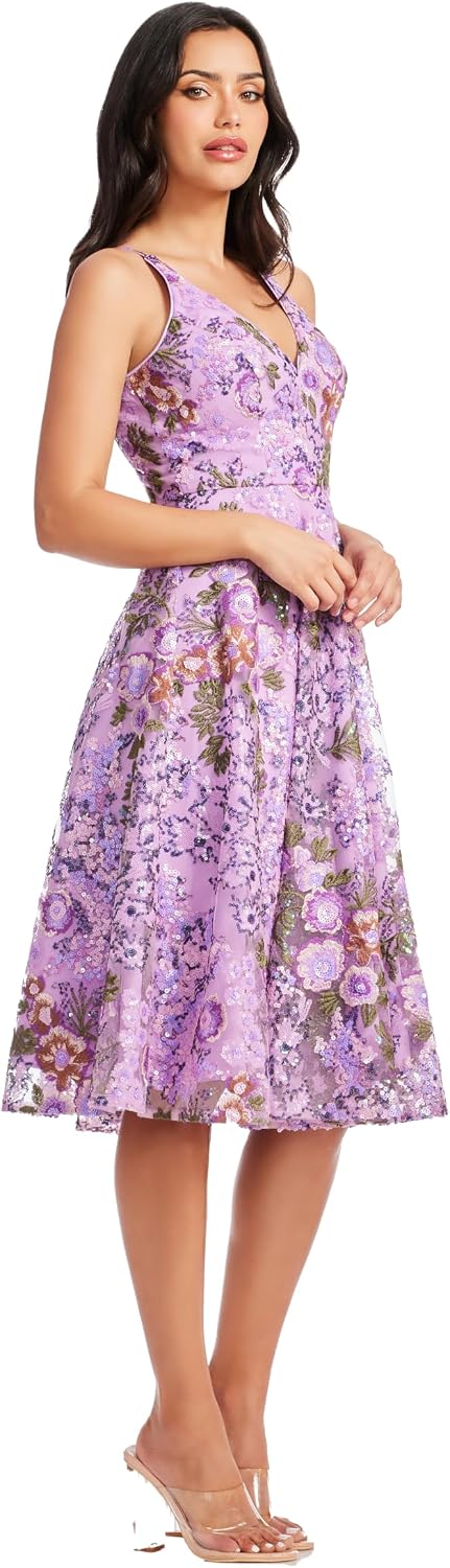 Dress the Population Women's Elisa Sleeveless Plunge Neckline Fit and Flare Midi Dress