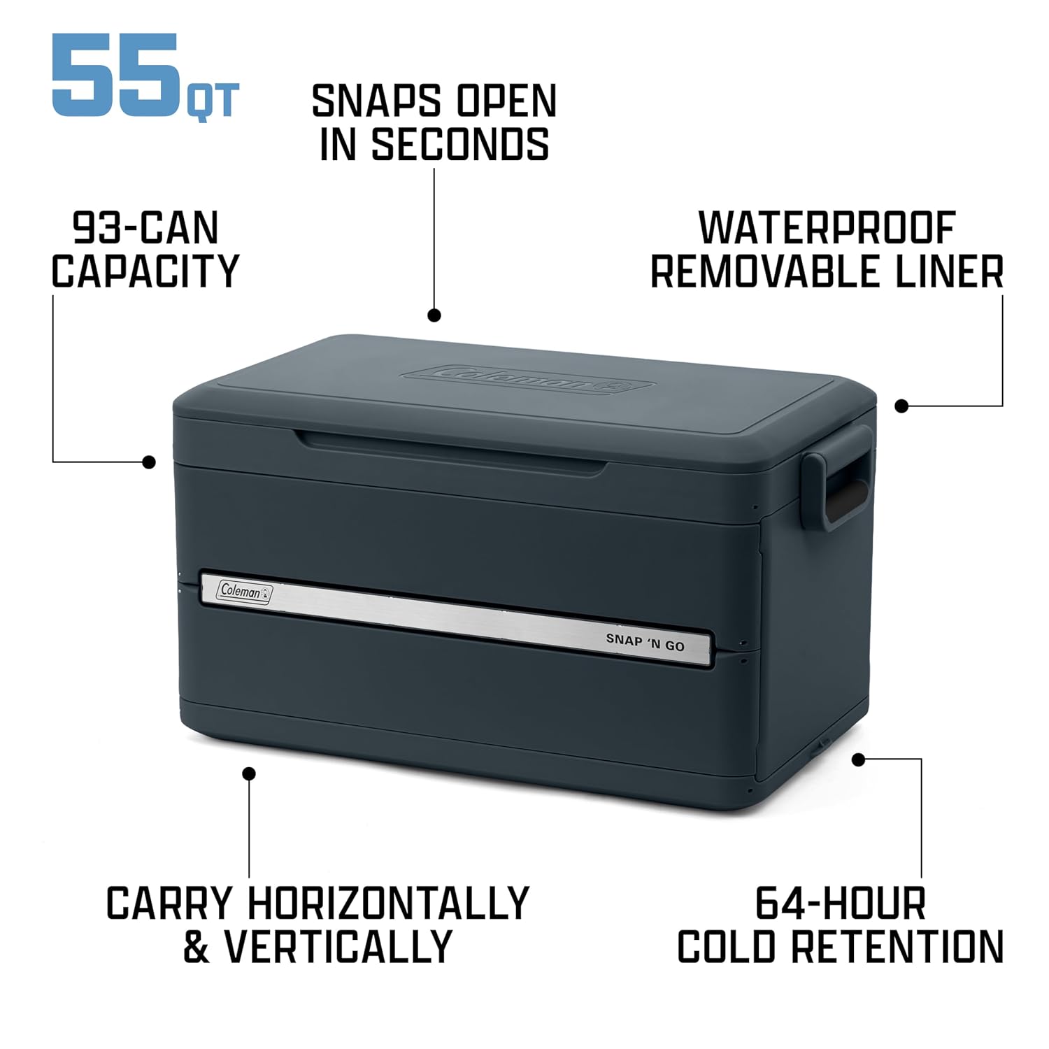 Coleman Snap 'N Go 55-Quart Collapsible Hard Cooler, Portable Hard-Sided Cooler with Waterproof Removable Liner, Space-Saving & Quick Set Up, 64 Hours Cold, Mussel Grey