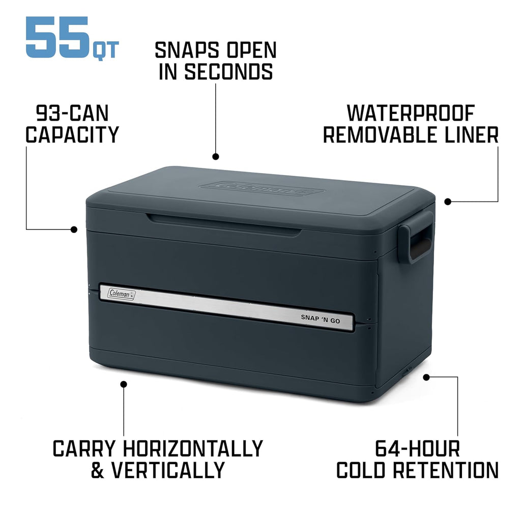 Coleman Snap 'N Go 55-Quart Collapsible Hard Cooler, Portable Hard-Sided Cooler with Waterproof Removable Liner, Space-Saving & Quick Set Up, 64 Hours Cold, Mussel Grey