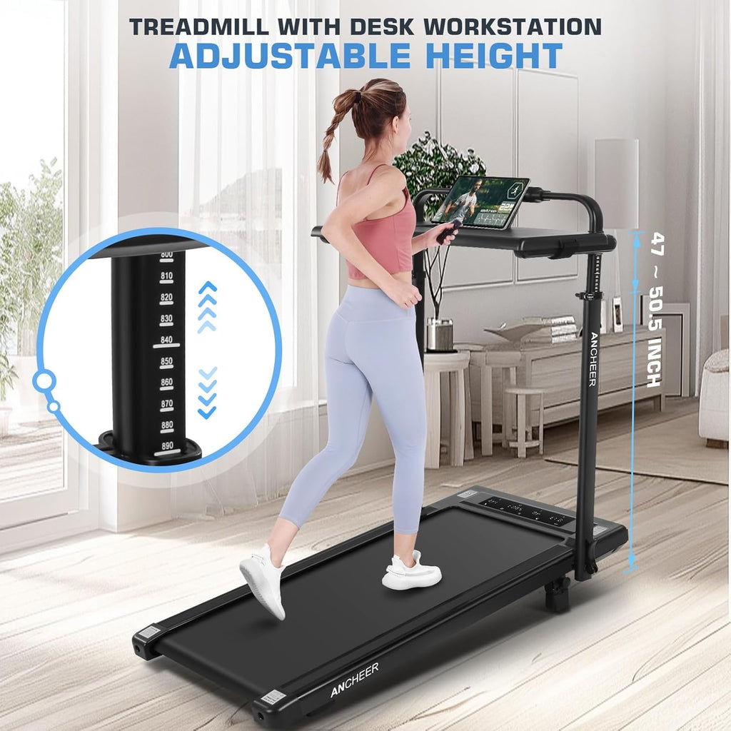 Treadmill with Desk Workstation & Adjustable Height, 450 lbs Weight Capacity, Folding Incline Treadmill with Handle Bar, Portable Ultra-Quiet 3.5HP Walking Pad Treadmill with Desktop for Home Office
