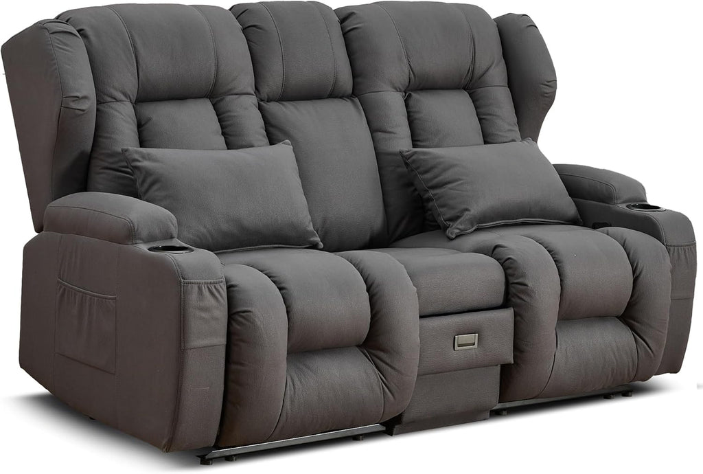 URRED Loveseat Recliner Sofa, Manual Reclining Loveseat Sofa with Flip-Down Console, Home Theater RV Recliner Couch with Cup Holders and Storage for Living Room (Grey)
