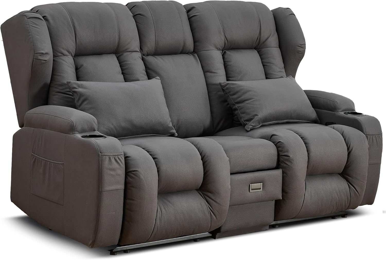 URRED Loveseat Recliner Sofa, Manual Reclining Loveseat Sofa with Flip-Down Console, Home Theater RV Recliner Couch with Cup Holders and Storage for Living Room (Grey)
