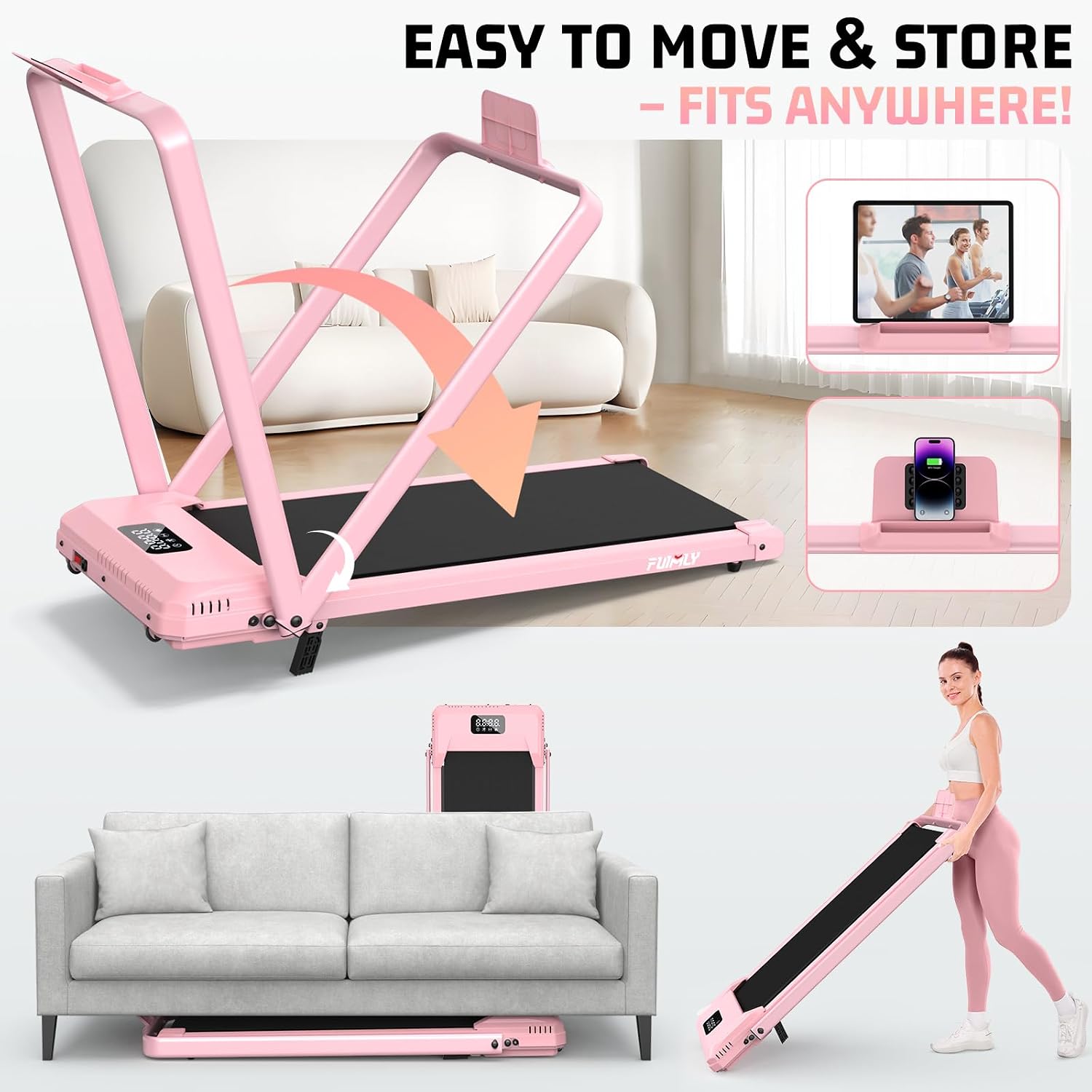 FUNMILY Walking Pad Treadmill with Incline, Foldable Treadmills for Home Office, Portable Walking Pad 300lbs Capacity, Remote Control, Led Touch Screen, 2s Folding Treadmill
