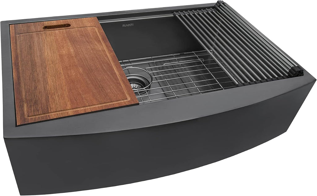 Ruvati 30-inch Gunmetal Black Workstation Apron-Front Stainless Steel Kitchen Sink - RVH9106BL