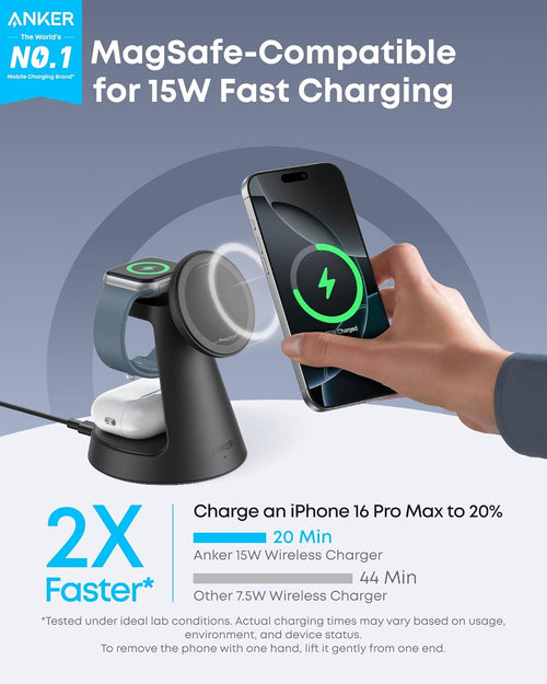 Anker MagSafe Charger Compatible, MagGo 3-in-1 Charging Station, Nano Charging Stand, Qi2 Certified 15W Magnetic Wireless Charger Dock, for iPhone 17/16/15/14, Apple Watch, AirPods (Adapter Included)