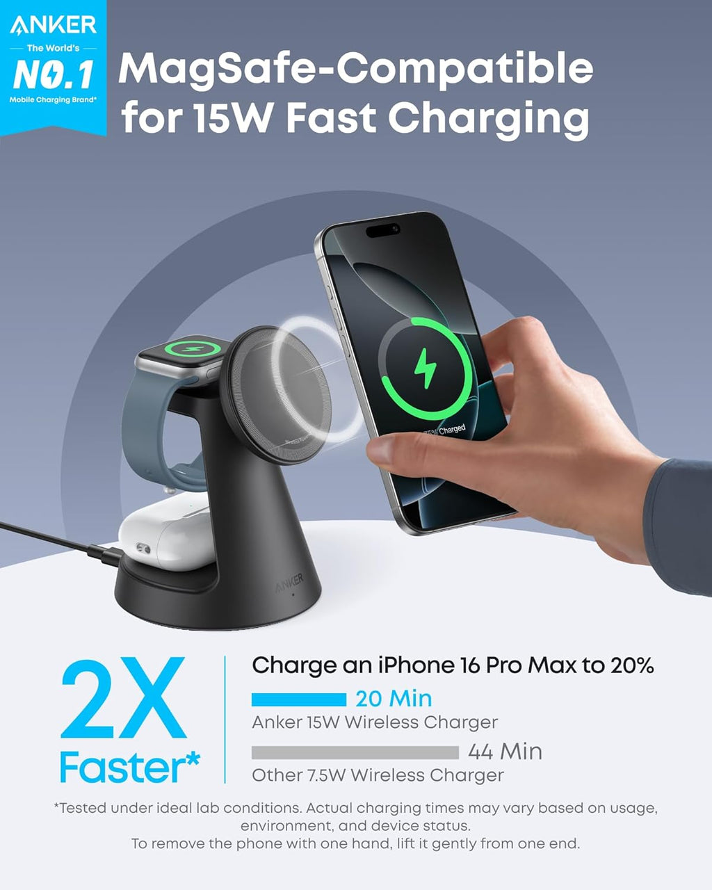 Anker MagSafe Charger Compatible, MagGo 3-in-1 Charging Station, Nano Charging Stand, Qi2 Certified 15W Magnetic Wireless Charger Dock, for iPhone 17/16/15/14, Apple Watch, AirPods (Adapter Included)