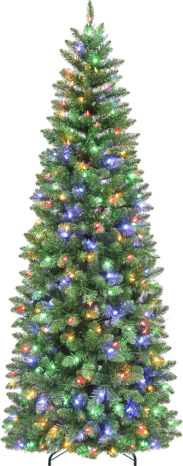 7.5 ft Prelit Pencil Slim Christmas Tree, Artificial Hinged Flocked Christmas Tree with 300 Multicolor LED Lights, Metal Base Included, 792 PVC Branch Tips, 10 Colors