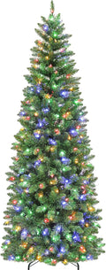 7.5 ft Prelit Pencil Slim Christmas Tree, Artificial Hinged Flocked Christmas Tree with 300 Multicolor LED Lights, Metal Base Included, 792 PVC Branch Tips, 10 Colors