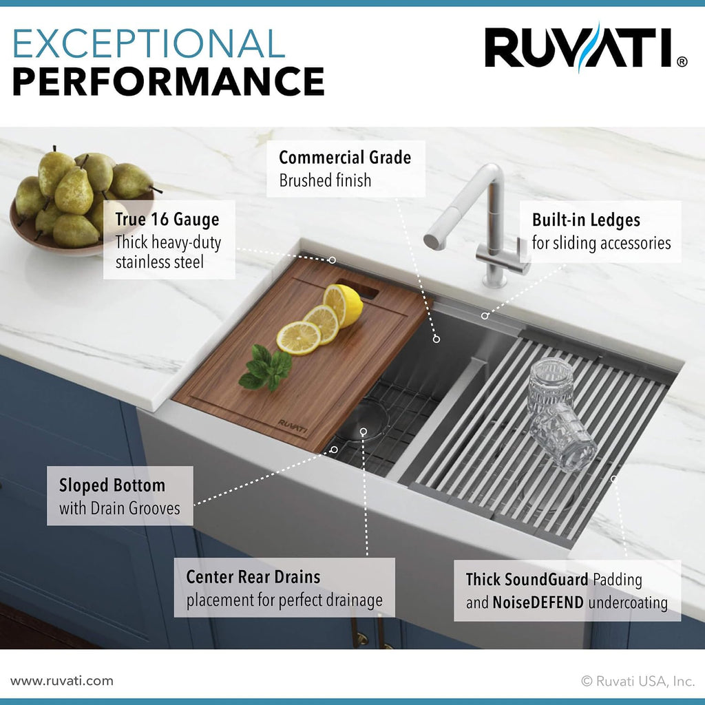 Ruvati 33-inch Apron-front Workstation Low-Divide Double Bowl 60/40 Farmhouse Kitchen Sink 16 Gauge Stainless Steel - RVH9201
