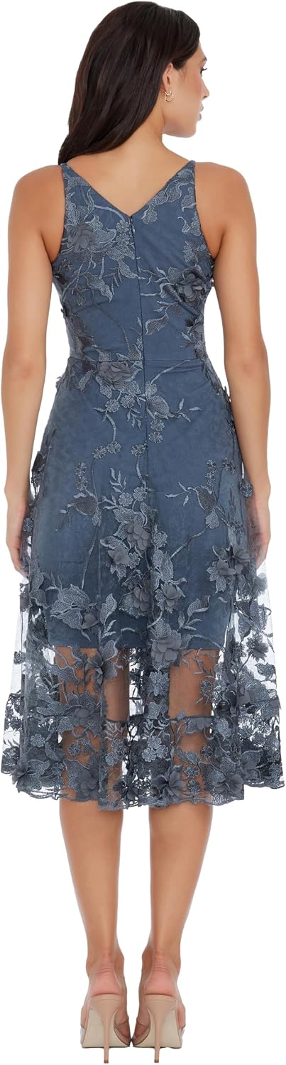 Dress The Population Womens Audrey Spaghetti Strap Midi A-line 3D Floral Dress