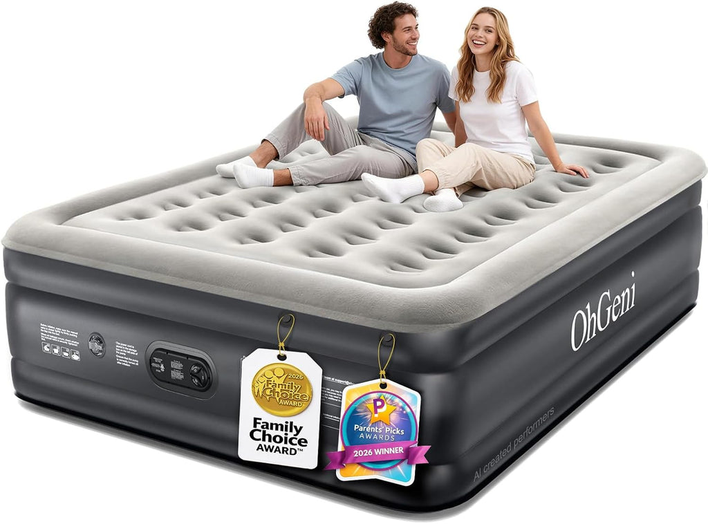 OhGeni Air Mattress Queen with Built in Pump, 18" Raised Inflatable Blow Up Mattress, Upgraded Surface Portable Bed for Home, Camping, Colchone Inflable, Ideal Sleep Solution for Guests
