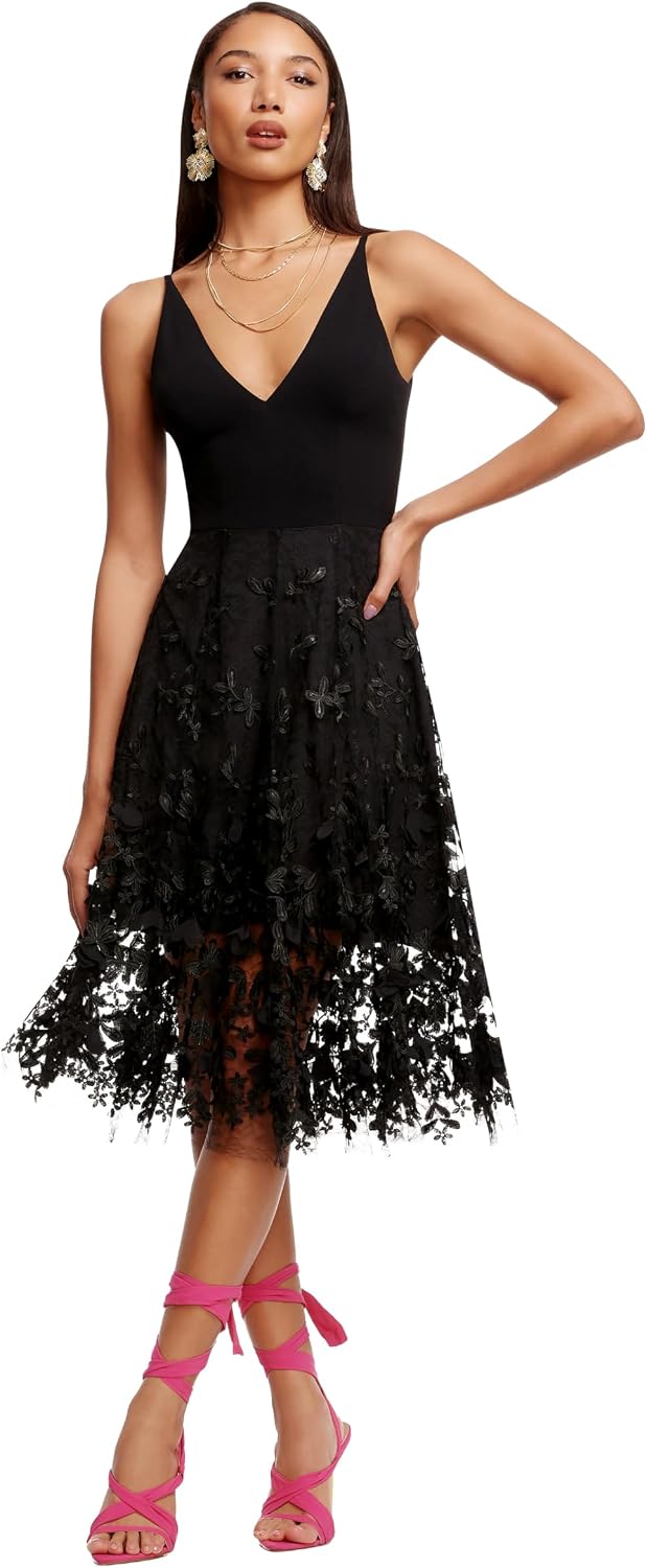 Dress the Population Women's Darleen Sleeveless Plunging Neckline Fit and Flare Midi Dress