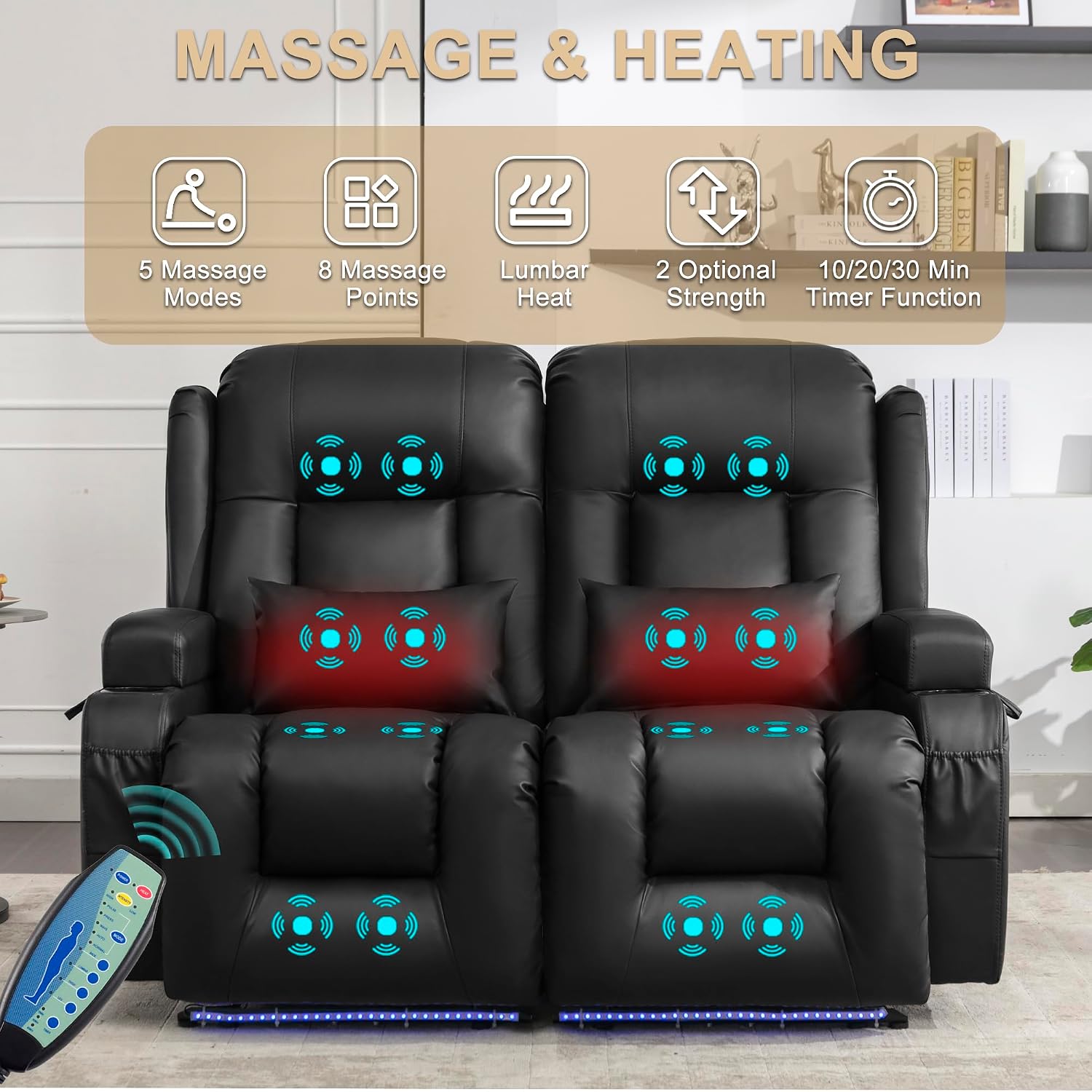 URRED Power Loveseat Recliner Sofa with Massage and Heat, Wall Hugger Reclining Loveseat, RV Couch Home Theater Seating with LED Lights for Living Room (Black, 54" - 2 Seats)