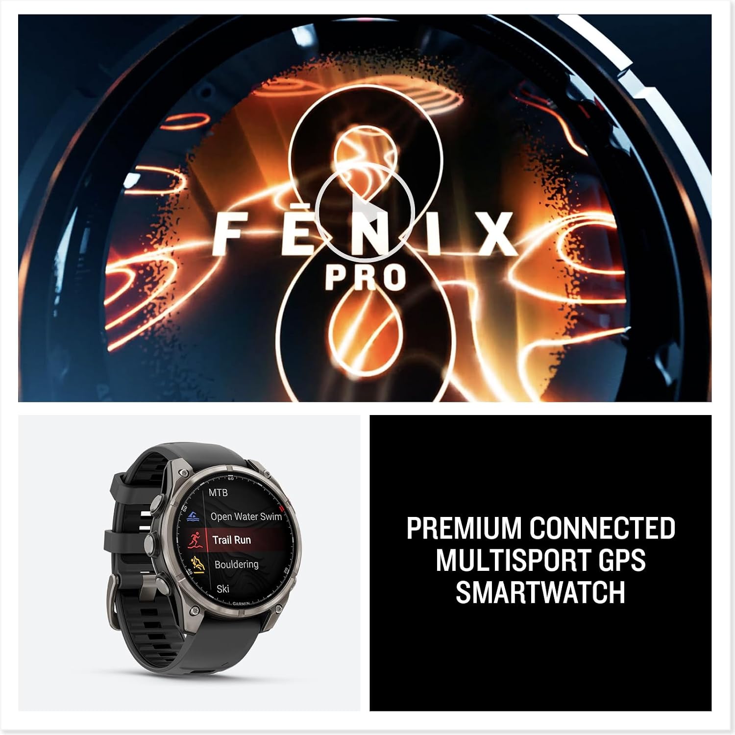 Garmin fēnix® 8 Pro, 51mm, AMOLED Display, Premium Connected Multisport GPS Smartwatch, inReach® Technology, Sapphire, Titanium with Graphite/Black Silicone Band