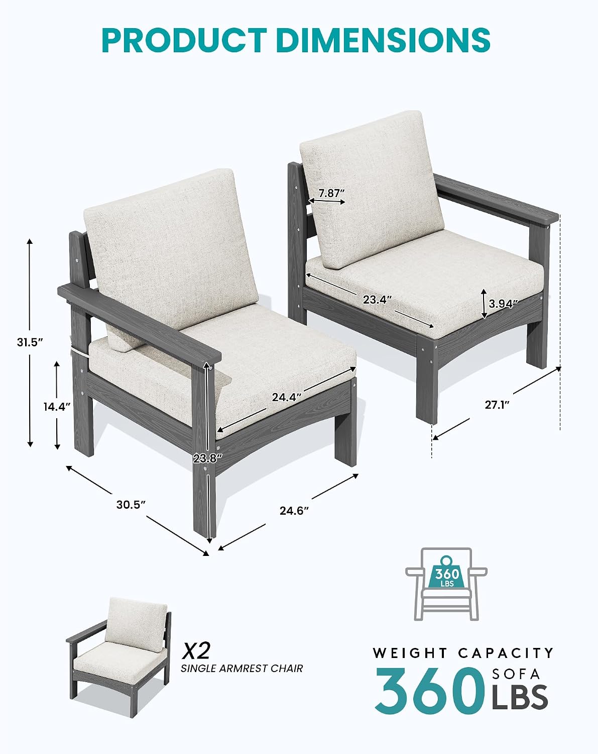 SERWALL HDPE Patio Loveseat Sofa, 2 Pieces Single Sofa, Weather-Resistant Outdoor Furniture Chair with Thick Removable Cushion, Balcony, Garden, Backyard, Poolside, Grey Frame with Khaki Cushion