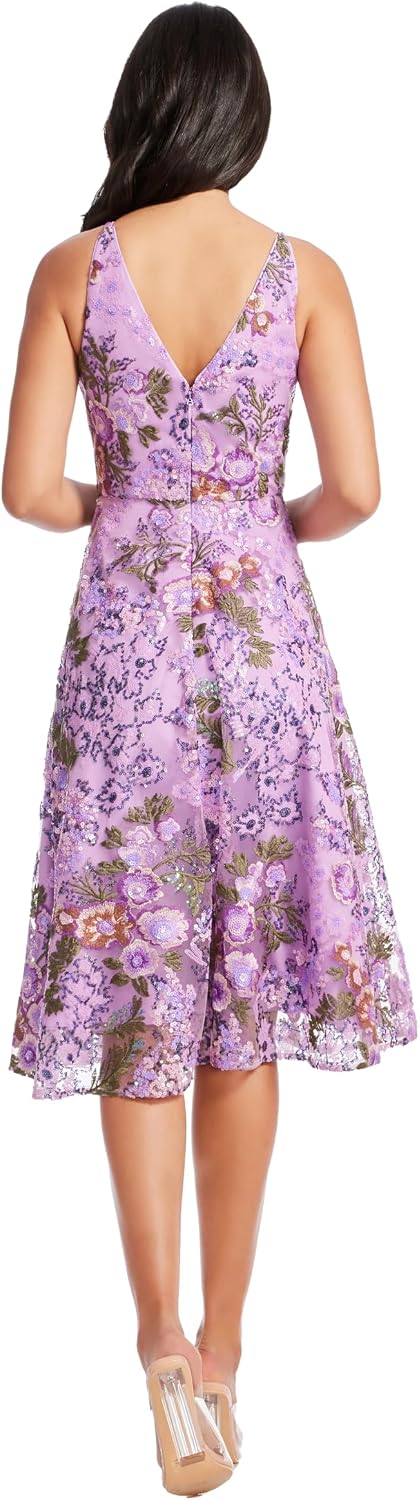 Dress the Population Women's Elisa Sleeveless Plunge Neckline Fit and Flare Midi Dress