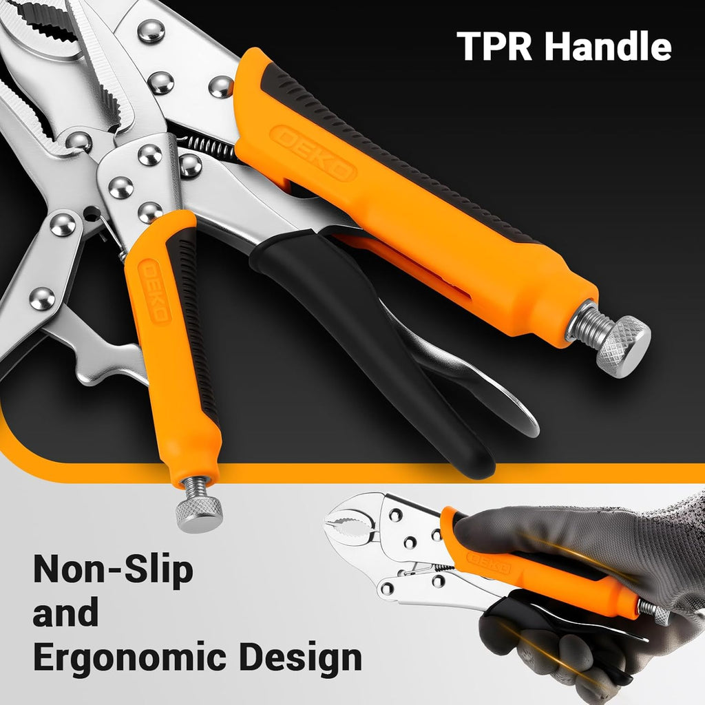 DEKOPRO 3-Piece Locking Pliers, Locking Jaw Plier, Vice Grips with Cr-V, 7" and 10" Curved Jaw Plier, 6-1/2" Long Nose Plier
