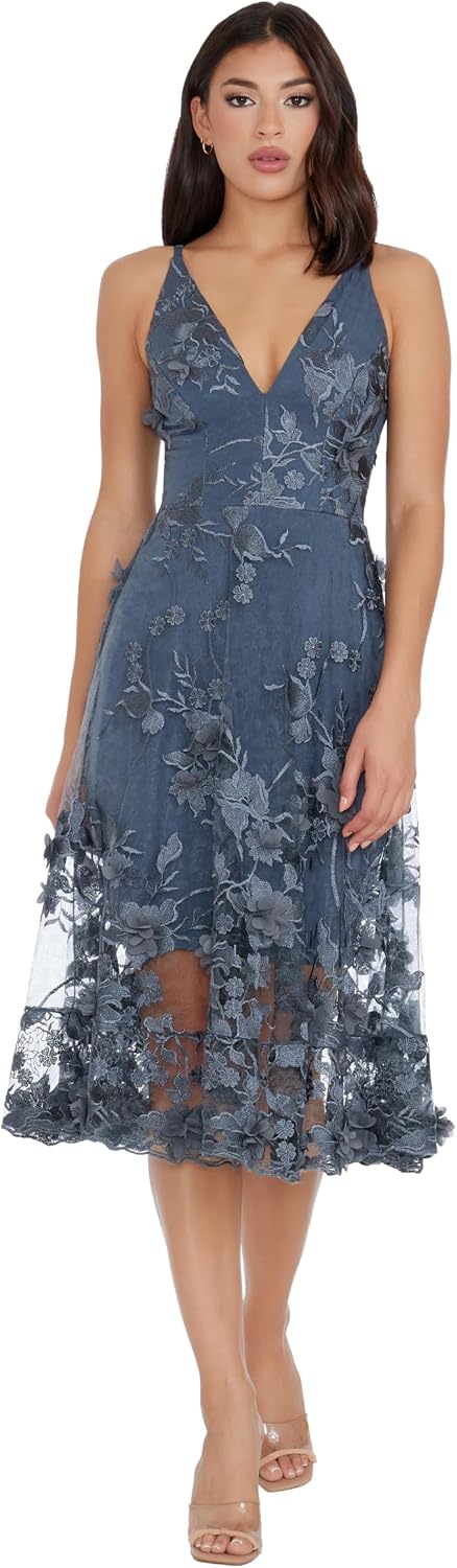 Dress The Population Womens Audrey Spaghetti Strap Midi A-line 3D Floral Dress