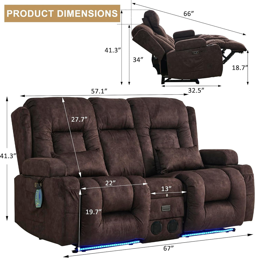 URRED Power Loveseat Recliner Sofa with Massage and Heat, Wall Hugger Reclining Loveseat with Console, RV Couch Home Theater Seating with LED Lights for Living Room (Brown, 67" - 2 Seats)