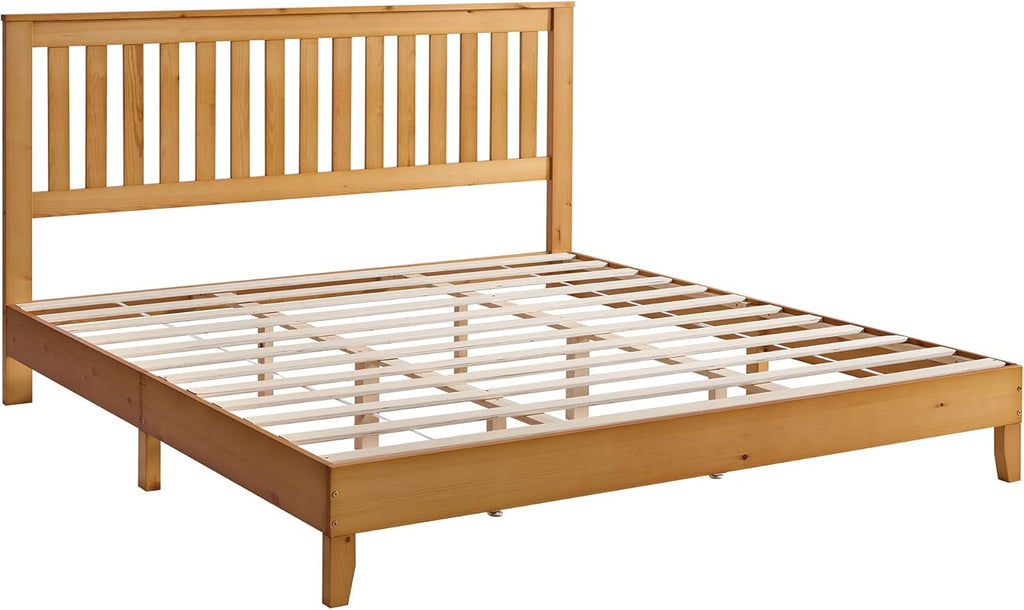 AMERLIFE King Bed Frame, Solid Wood Platform Bed with Vertical Slats Headboard, Wooden Bedframe King-Size, Sturdy Wooden Slats Support, No Box Spring Needed, Noise Free, Light Wood