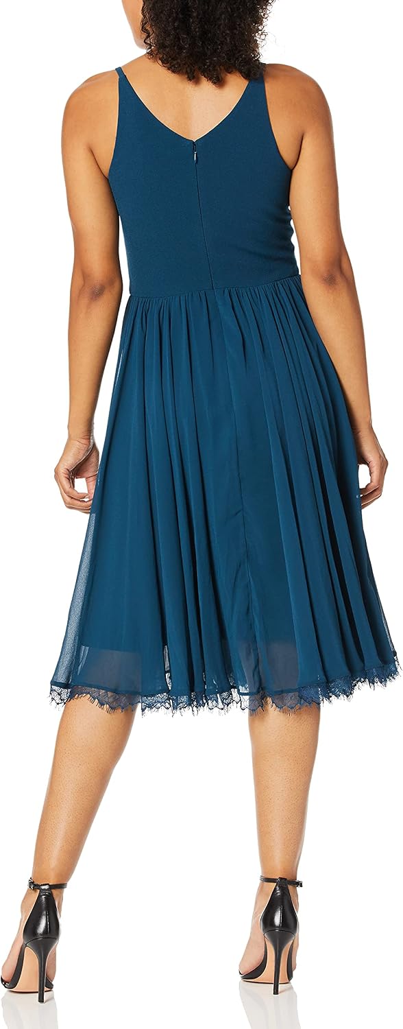 Dress the Population Women's Alicia Plunging Mix Media Sleeveless Fit and Flare Midi Dress