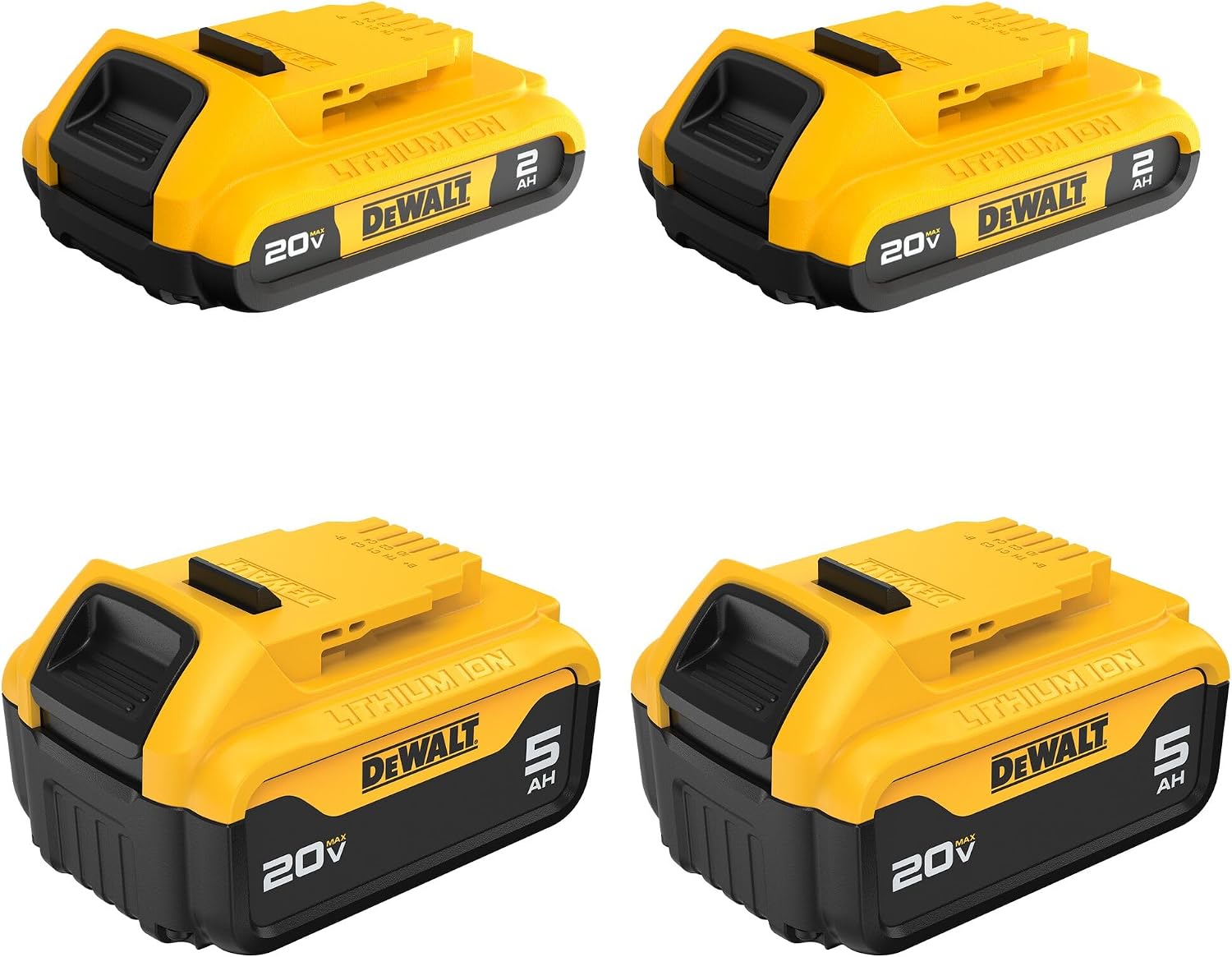 DEWALT 20V Max Battery, 4 Pack, Includes 2 x 5.0Ah Extended Runtime Batteries and 2 x 2.0Ah Compact Batteries (DCB235-4)