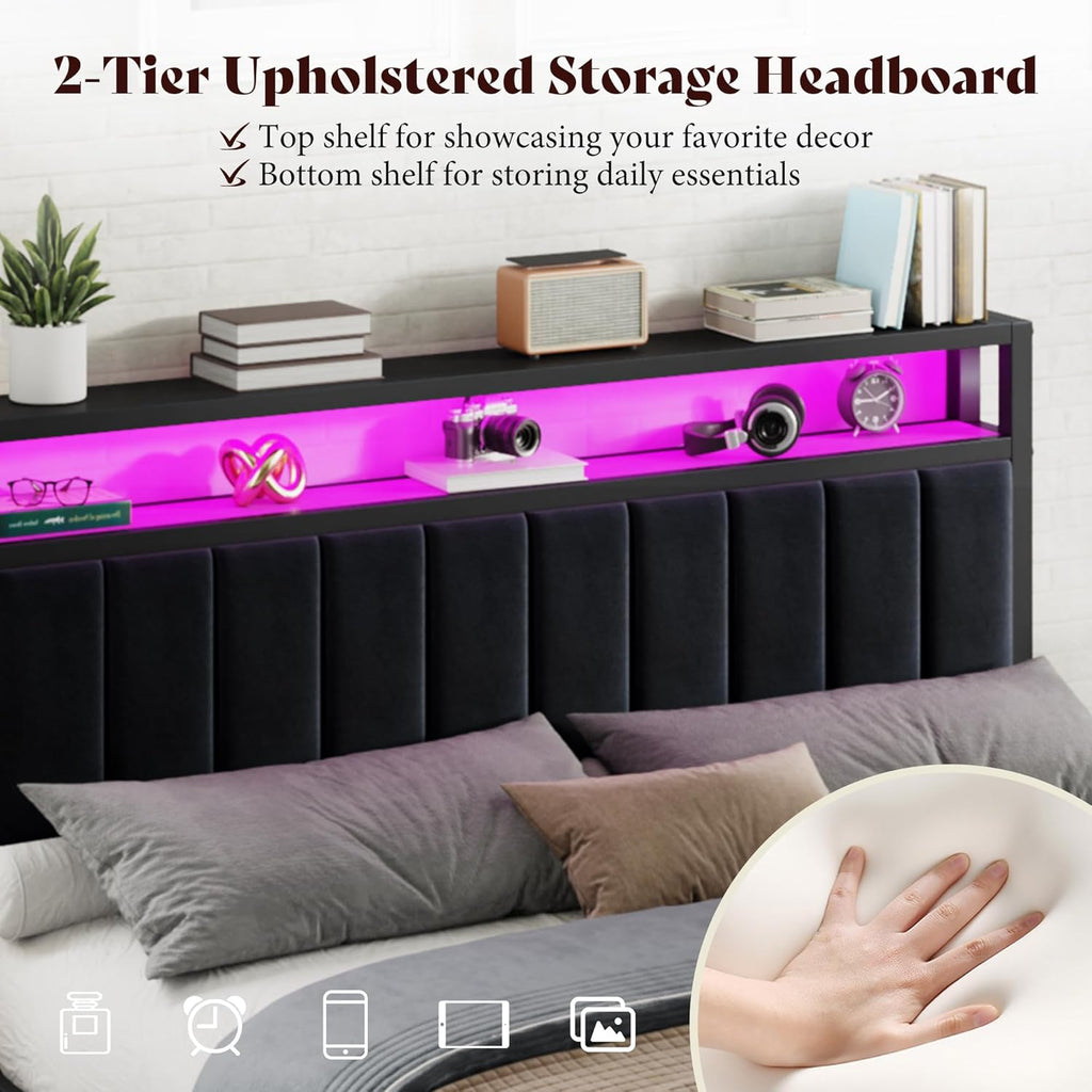 AMERLIFE Queen Bed Frame with LED Light and 2 Storage Drawers, Metal Platform Bed with Storage Headboard, Velvet Upholstered, Heavy-Duty Slats, No Box Spring Needed, Easy Assembly, Black