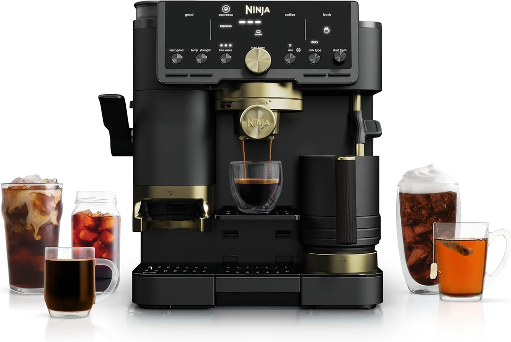 Ninja Luxe™ Café Pro designed by David Beckham, Espresso Machine, Drip Coffee, Cold Brew, Hot Water, Integrated Tamper, Built-in Grinder, Hands-Free Frother for Lattes & More, Black/Gold, ES771BK