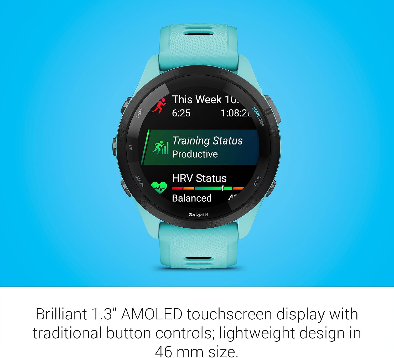 Garmin Forerunner 265 Running Smartwatch, Colorful AMOLED Display, Training Metrics and Recovery Insights, Aqua and Black