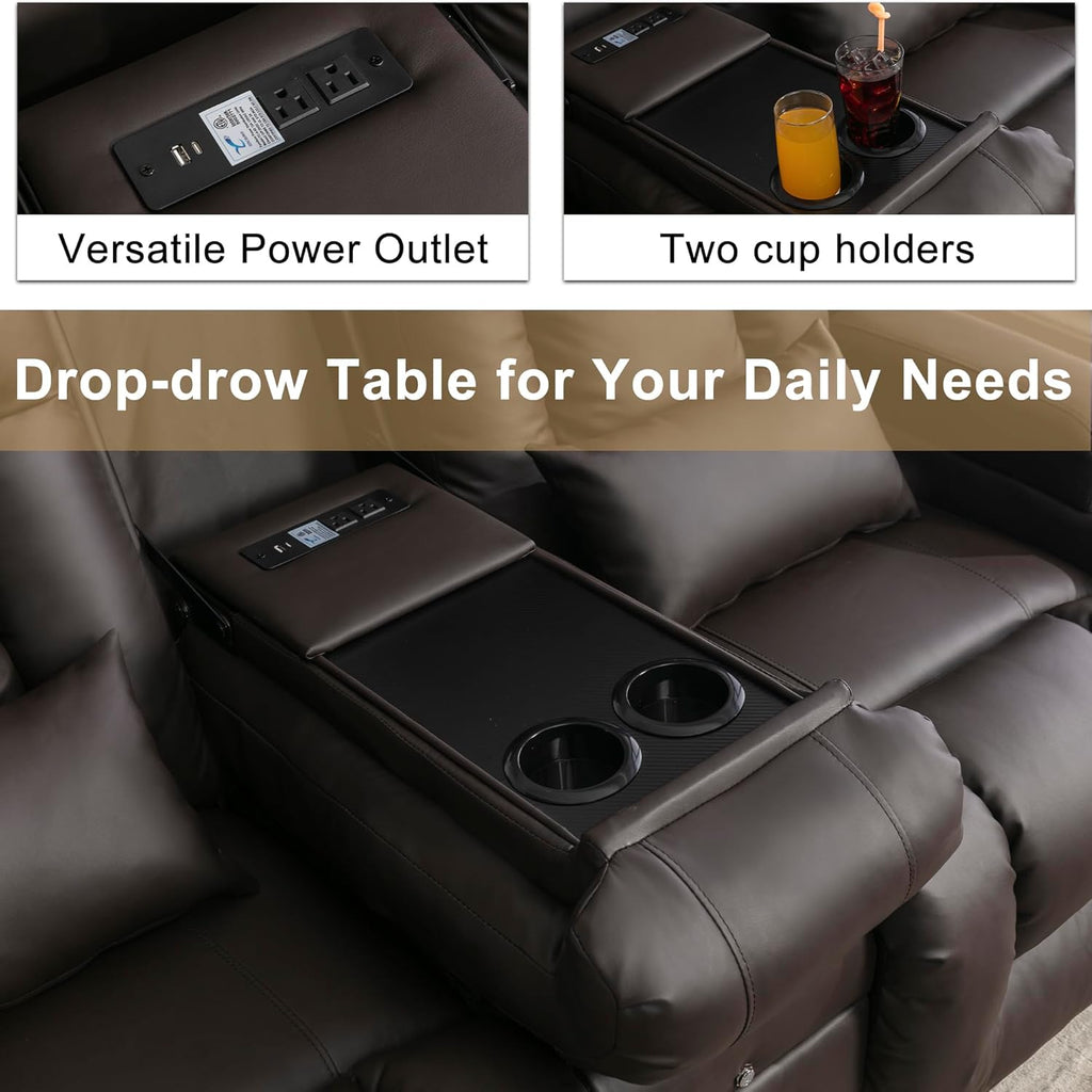 URRED Power Loveseat Recliner Sofa with Massage and Heat, Wall Hugger Reclining Loveseat with Console, RV Couch Home Theater Seating with LED Lights for Living Room (Dark Brown, 67" - 2 Seats)
