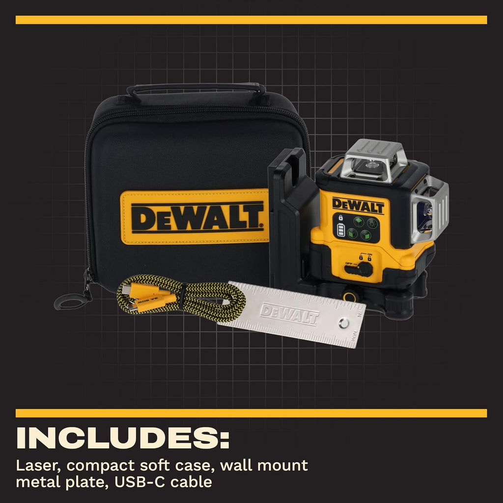 DEWALT Laser Level 360 Self Leveling, USB-C Rechargeable 3x360 Green Line Laser Leveler Tool, Fast Charging, 9 Hrs of Runtime, 1/8 inch Accuracy (DCLE14361GB)
