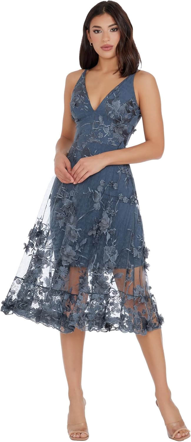 Dress The Population Womens Audrey Spaghetti Strap Midi A-line 3D Floral Dress