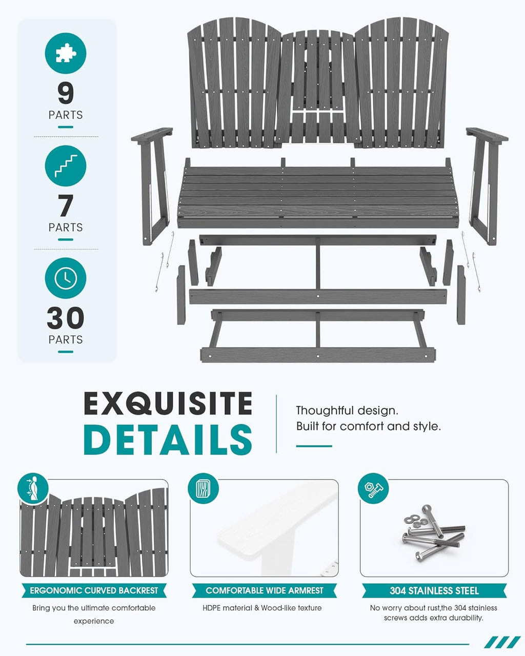 SERWALL 3 Person Outdoor Glider Bench with Cup Holder and iPad Placement,Oversized 66" HDPE Patio Glider Bench, All Weather Patio Glider Chair for Garden,Park,Yard,Front Porch,Gray
