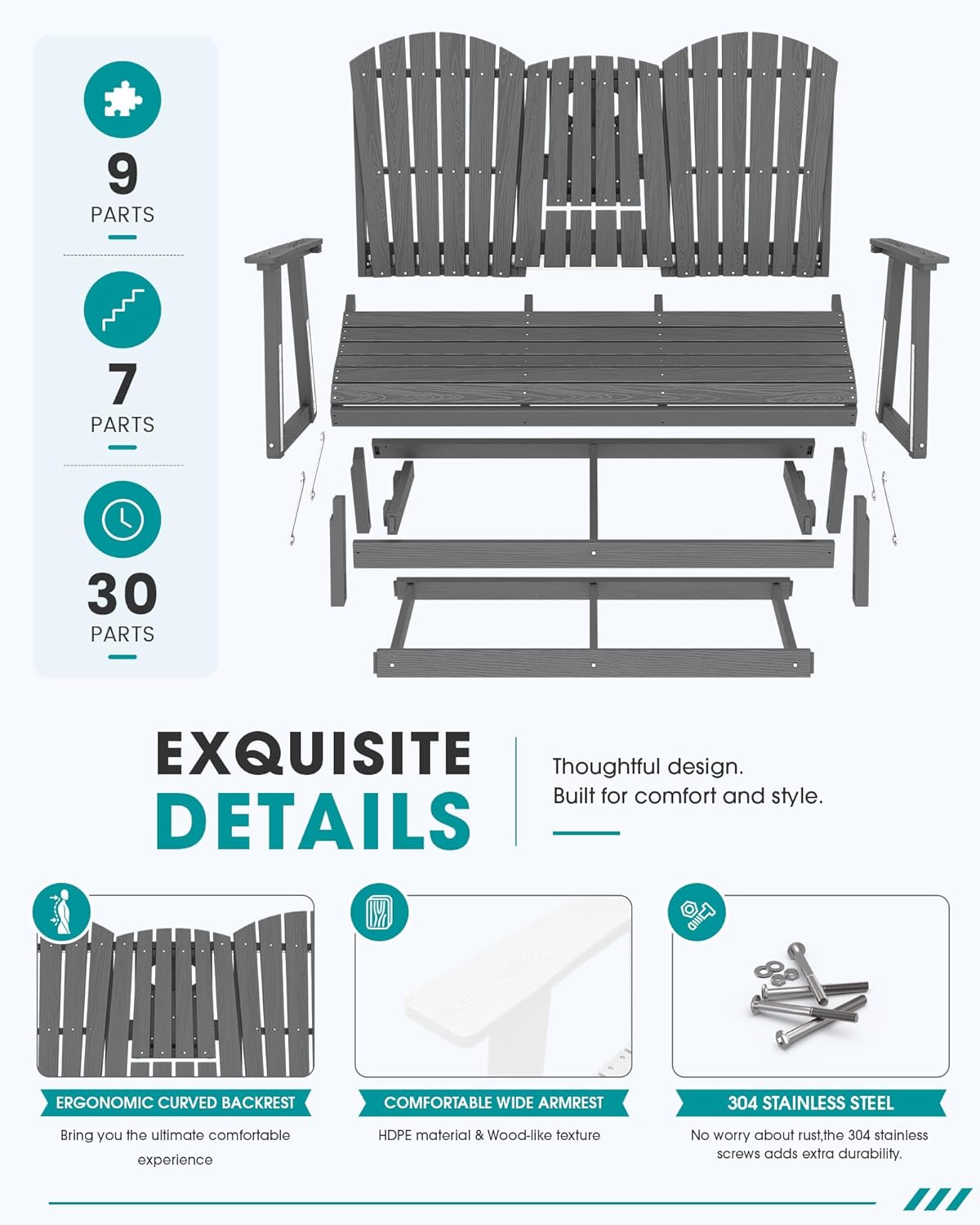 SERWALL 3 Person Outdoor Glider Bench with Cup Holder and iPad Placement,Oversized 66" HDPE Patio Glider Bench, All Weather Patio Glider Chair for Garden,Park,Yard,Front Porch,Gray