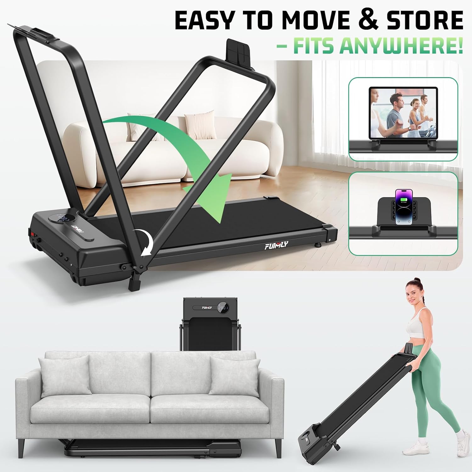 FUNMILY Walking Pad Treadmill with Incline, Foldable Treadmills for Home Office, Portable Walking Pad 300lbs Capacity, Remote Control, Led Touch Screen, 2s Folding Treadmill