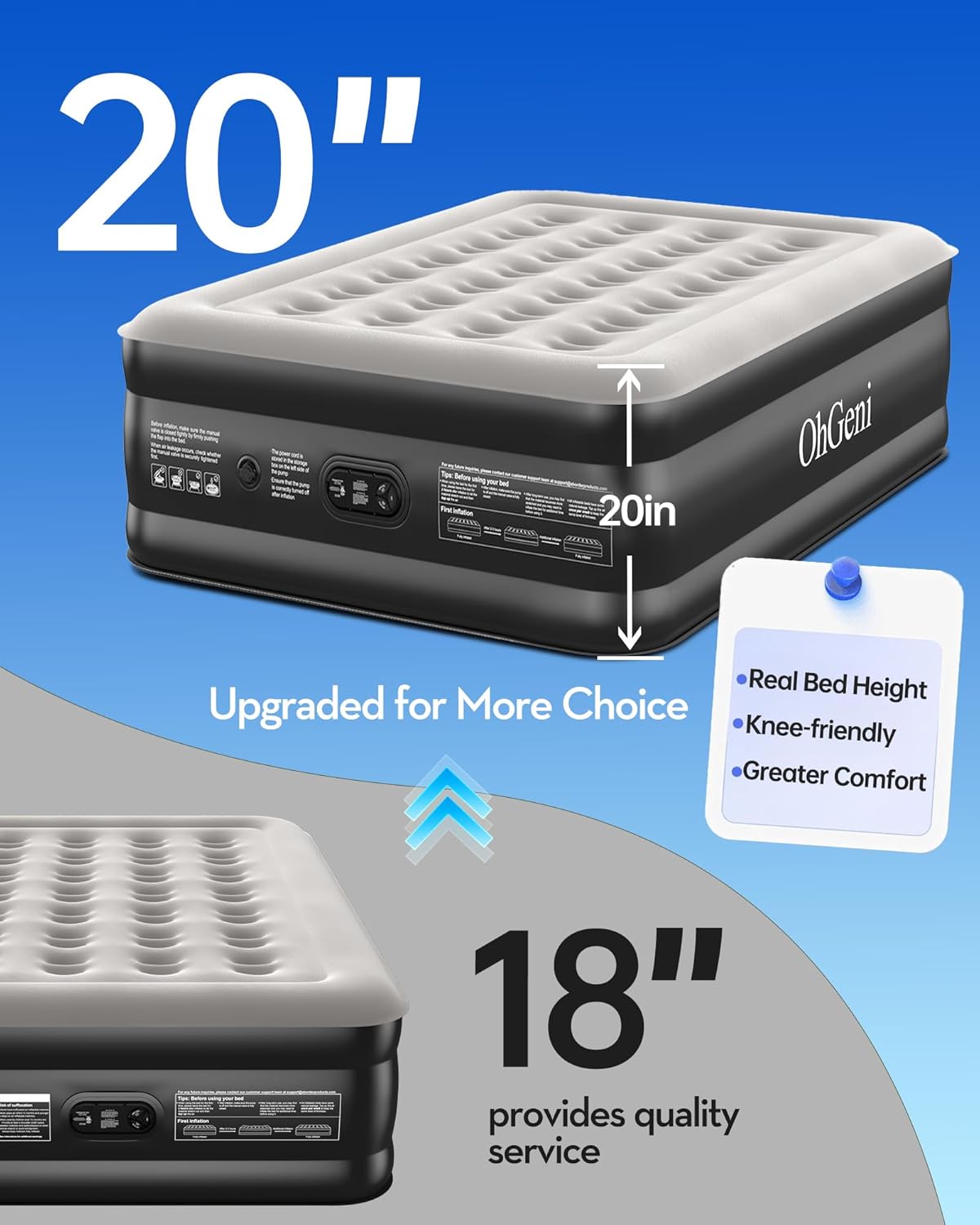 OhGeni Air Mattress Full with Built in Pump, 20" Raised Inflatable Blow up Mattress, Family Choice Award Winner, Portable Foldable Bed with Upgraded Surface for Home & Camping, 600 lbs