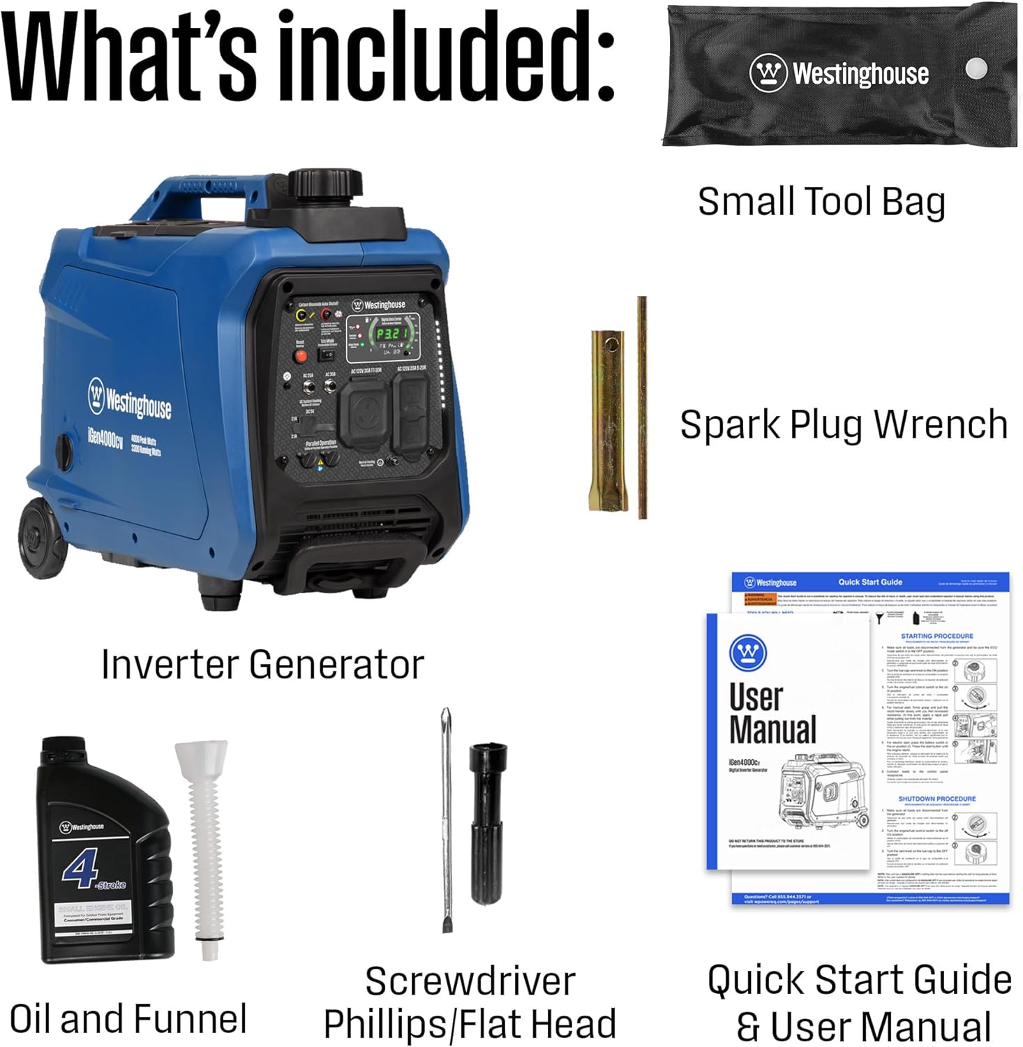 Westinghouse 4000 Peak Watt Super Quiet Portable Inverter Generator, Wheel & Handle Kit, RV Ready 30A Outlet, Gas Powered, CO Sensor, Parallel Capable