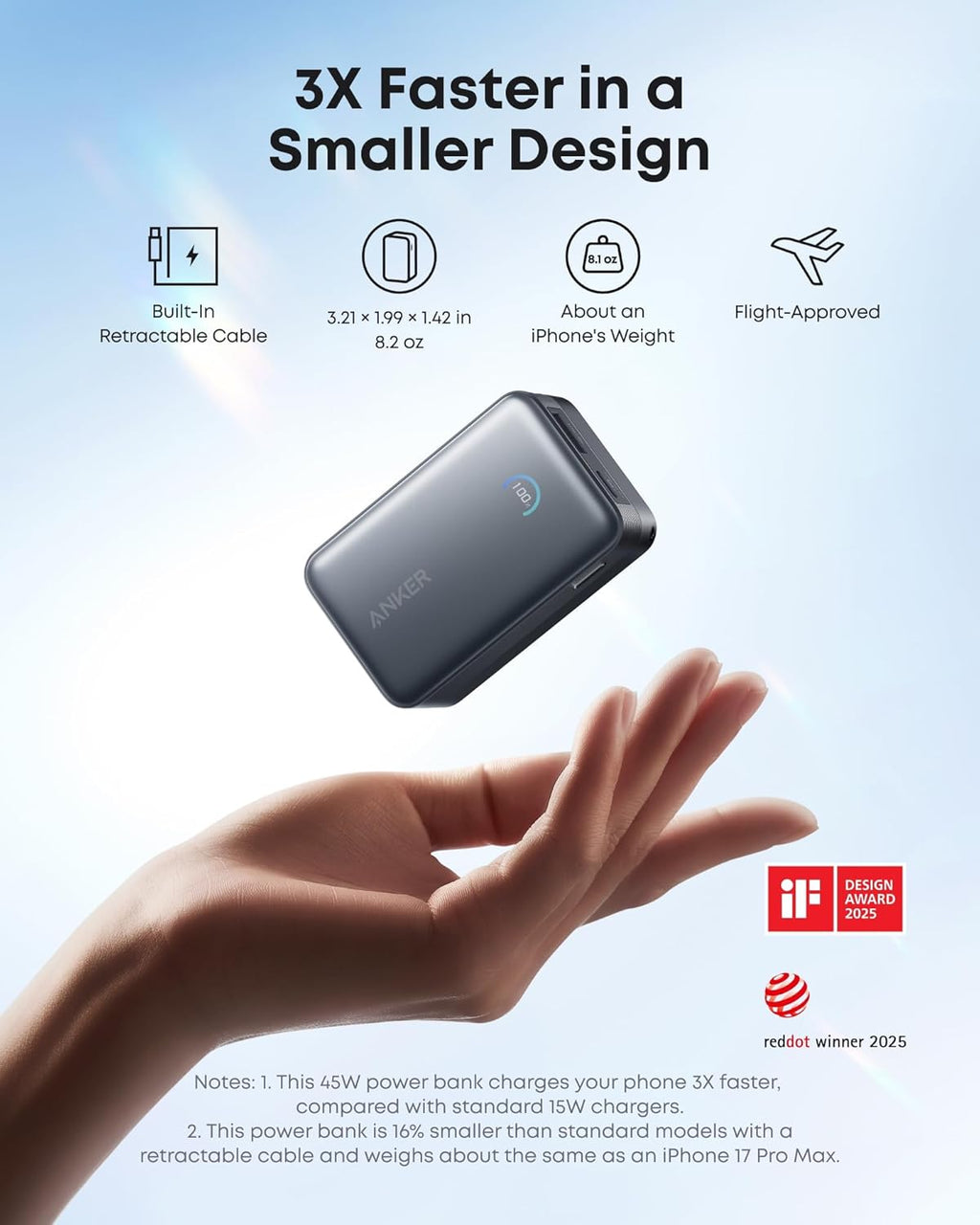 Anker Nano Portable Charger, 45W 10000mAh with 2.3 ft Retractable Cable, Compact Power Bank, Travel Essential Phone Battery Pack for iPhone 17/16 Series, iPad, Galaxy, Pixel, and More