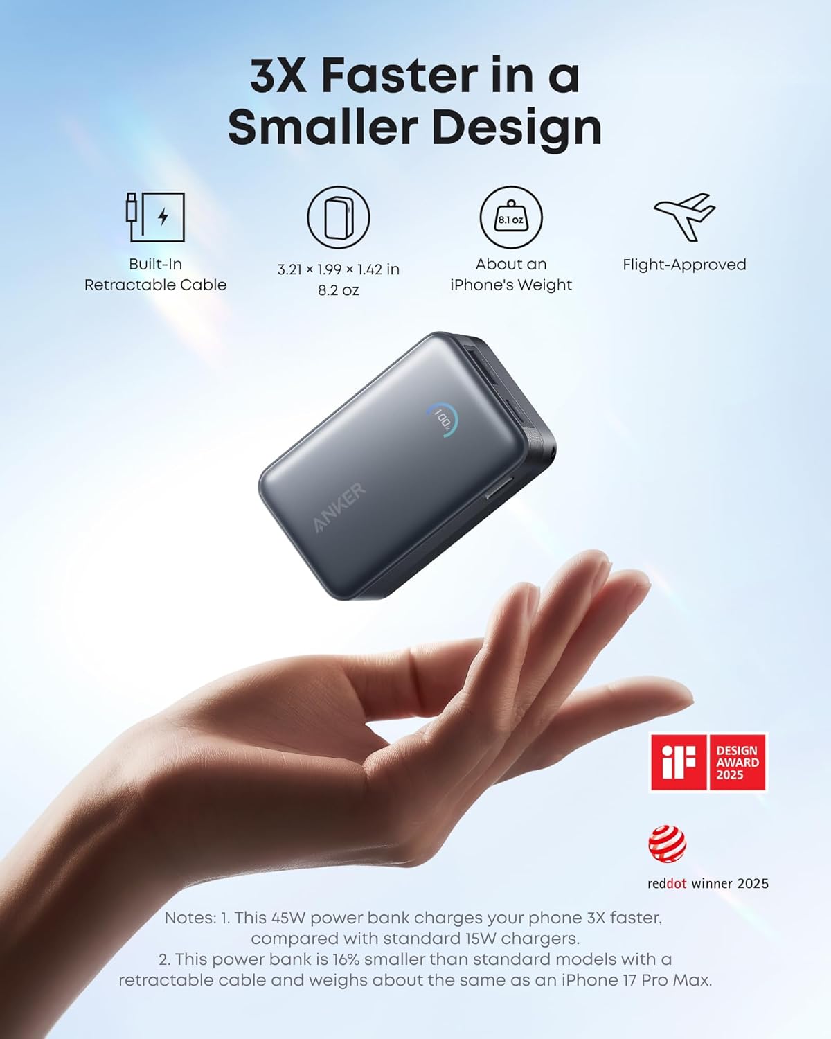 Anker Nano Portable Charger, 45W 10000mAh with 2.3 ft Retractable Cable, Compact Power Bank, Travel Essential Phone Battery Pack for iPhone 17/16 Series, iPad, Galaxy, Pixel, and More
