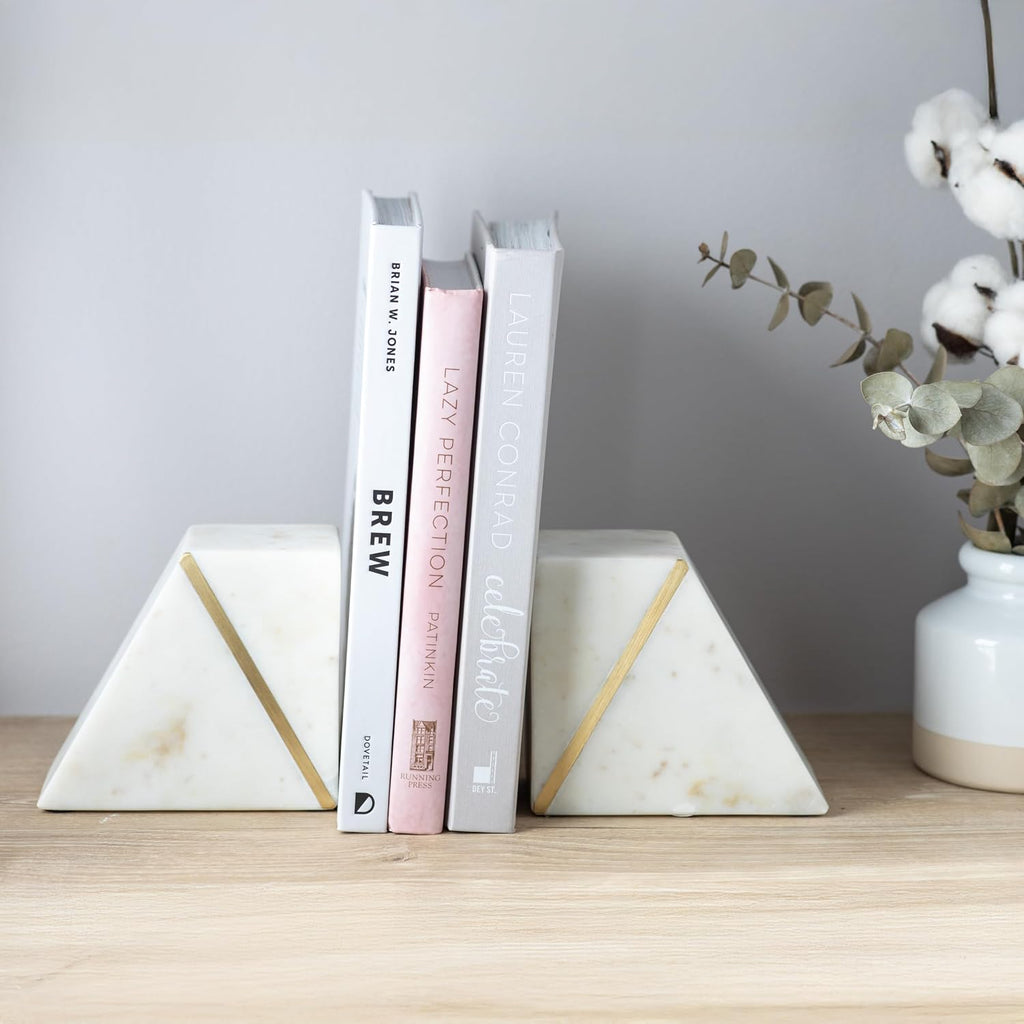 Cork & Mill Marble Book Ends for Shelves, Decorative Bookends for Heavy Books, Unique Mid Century Modern White and Gold Bookends with Brass Inlay, Heavy Duty Bookshelf Stopper, Set of 2